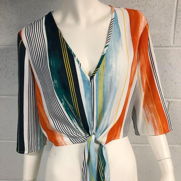 Womens NWT BCBGMAXAZRIA Stripe Tie Front Crop Top - Picture 3 of 9